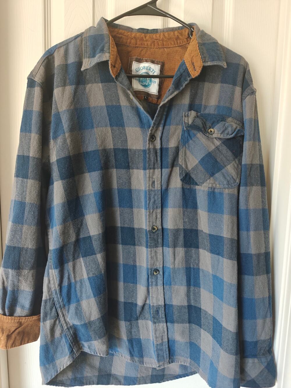Gioberti Men's Plaid Flannel Shirt Size L Blue Gray Corduroy Collar Trim